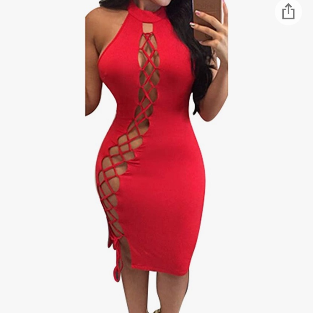Sexy Halter Criss Cross Body hugging Hollow Out Cut Out Midi Dress Red M